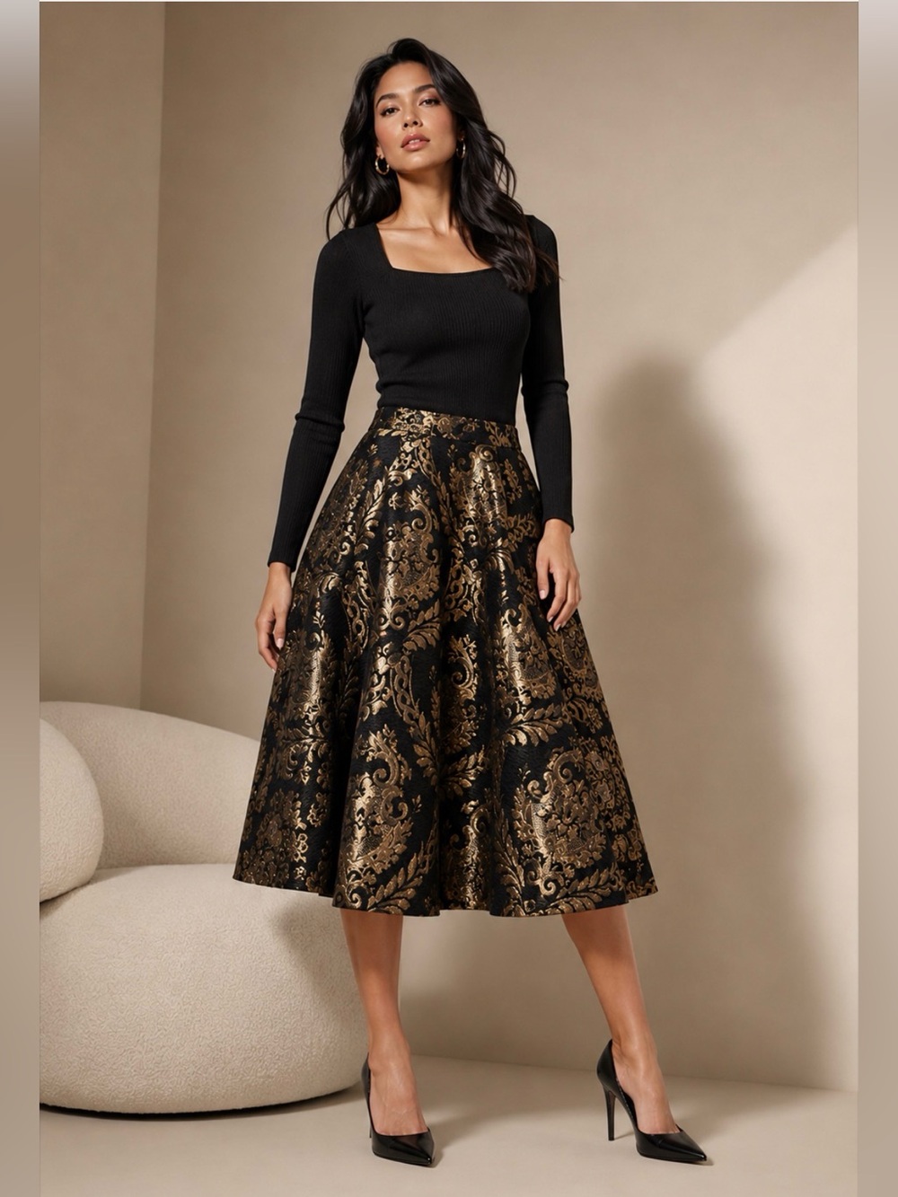Chicwish Black and Gold Brocade A-Line Skirt - Picture 2 of 5